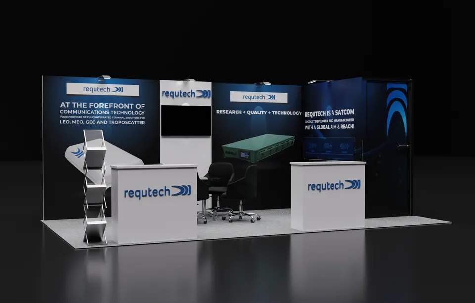 Purple Exhibits booth design concept: Render of a dark navy inline booth for Requtech satcom with a white reception counter, wall-mounted antenna product display, black office chairs at a small counter and a large blue graphic end wall.