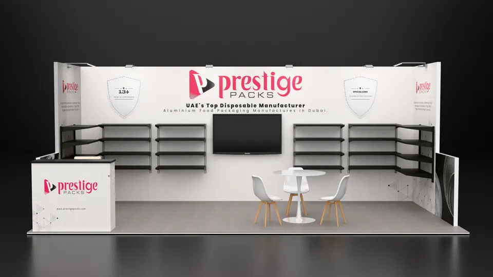 Purple Exhibits booth design concept: Render of a white inline booth for Prestige Packs aluminium foil packaging with black product shelving on the back wall, a central TV screen, round cafe tables with white chairs and a branded counter.