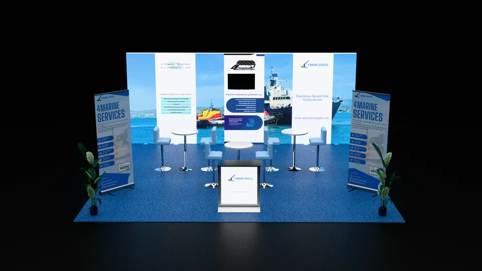 Purple Exhibits booth design concept: Render of a blue-themed inline booth for 4Marine Services with ship and vessel photo graphics on the back wall, a screen, bar tables and stools, roll-up banners on both sides, plants and blue carpet.