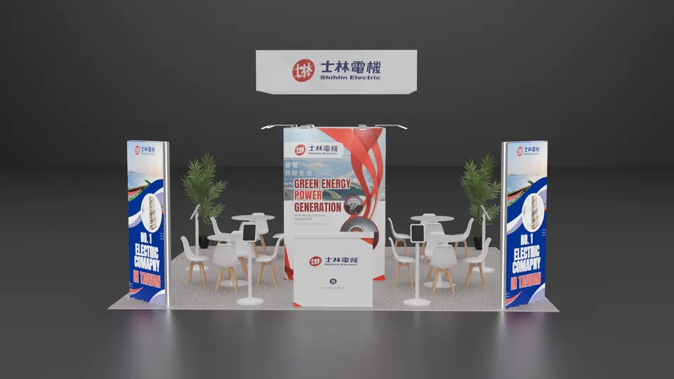 Purple Exhibits booth design concept: 3D render of a white and blue inline booth for Shihlin Electric with a hanging sign, central Green Energy Power Generation graphic, two branded towers, potted trees and several white cafe tables with chairs.