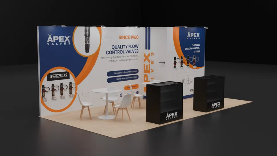 Purple Exhibits booth design concept: 3D render of a white and orange inline booth for Apex Valves (flow control valves since 1960) with product graphics on the back wall, two black branded counters, a white table with chairs and wood-look flooring.