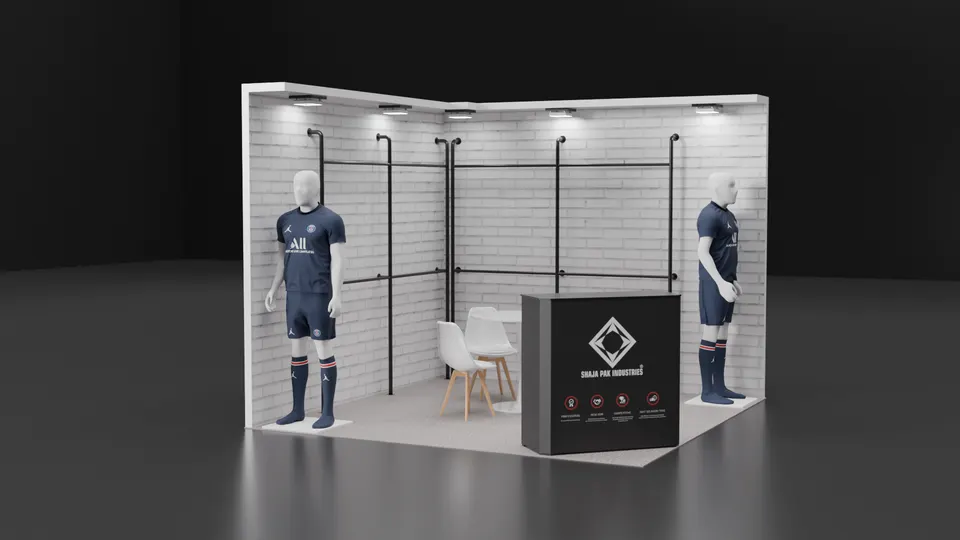 Purple Exhibits 3D booth concept, the kind of rendering we make for Sea Otter Classic
