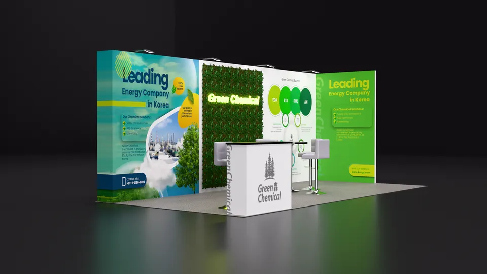 Purple Exhibits booth design concept: 3D render of a green and white inline booth for Green Chemical (Korean energy company) with a living-wall panel, bright green graphics, a white branded counter and small demo stands on grey carpet.