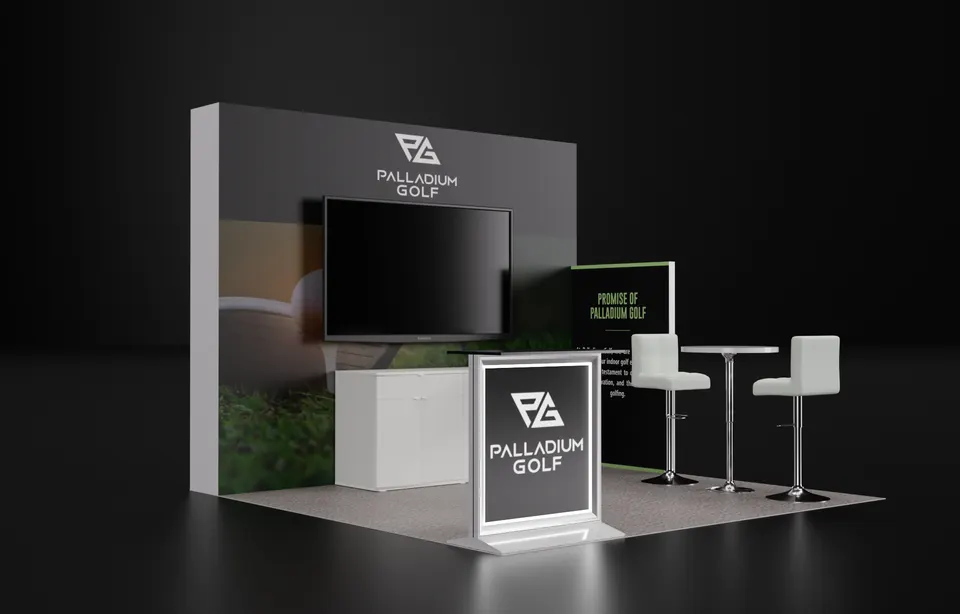 Purple Exhibits booth design concept: 3D render of a grey and green Palladium Golf 10x10 booth with a golf-course photo wall, large wall-mounted TV, white storage counter, illuminated logo lightbox and white bar stools.