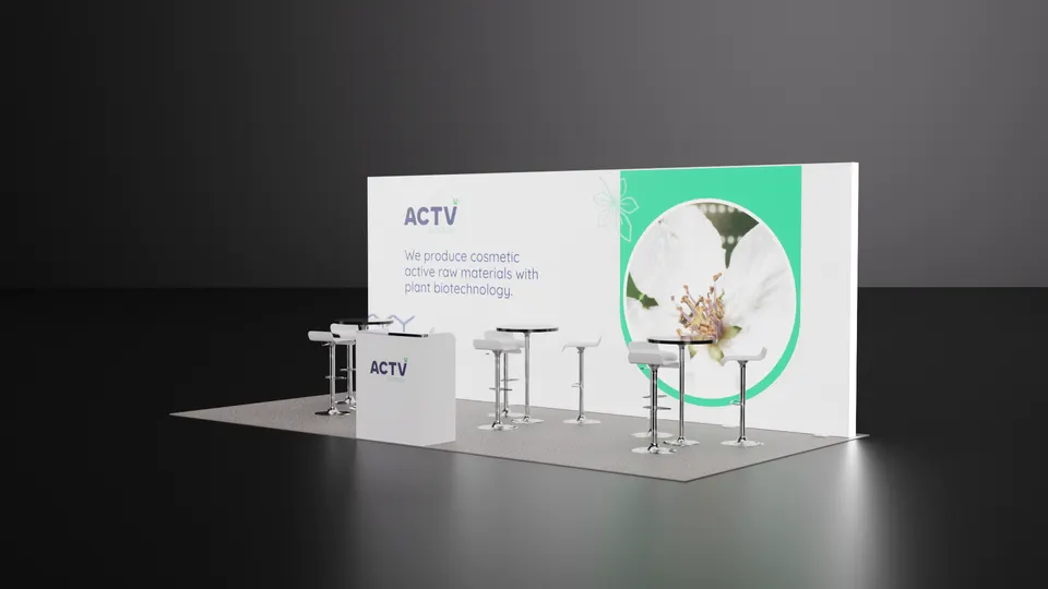 Purple Exhibits booth design concept: 3D render of a clean white and mint-green inline booth for ACTV (plant biotechnology cosmetic raw materials) with a large white flower graphic, a small counter and several white bar tables with stools.