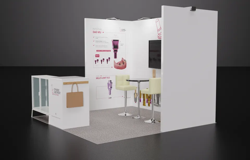Purple Exhibits booth design concept: 3D render of a white corner booth with pink dental implant product graphics, a wall-mounted TV, a glass display case, wood-accent counter and cream bar stools around a small table.