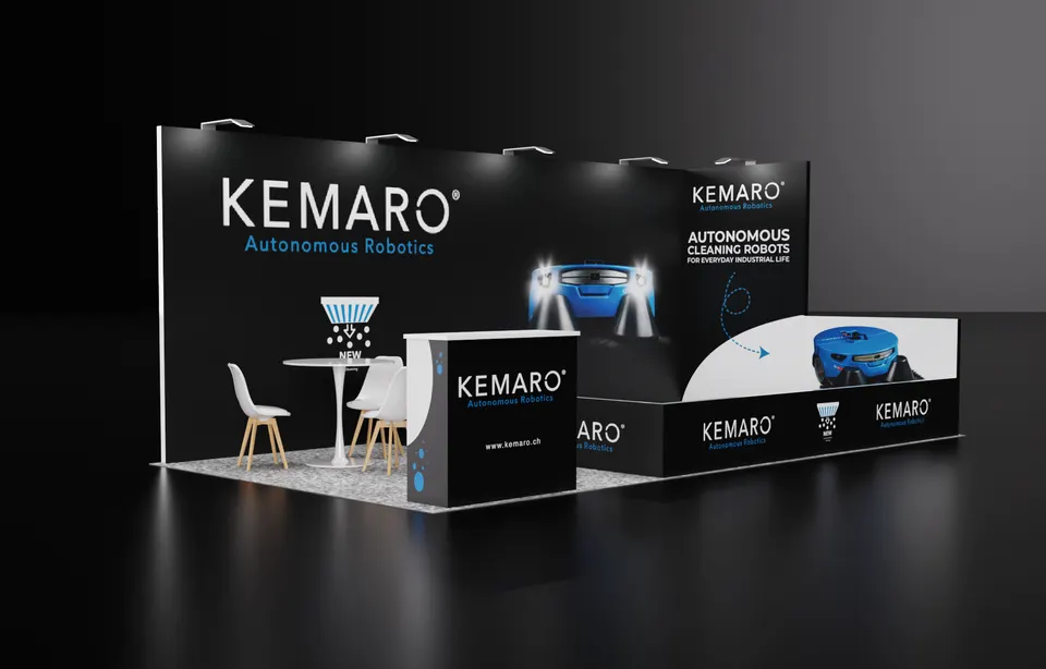 Purple Exhibits booth design concept: 3D render of a sleek black and blue 10x20 inline booth for Kemaro autonomous cleaning robots with a robot product platform, a branded counter, a round meeting table and white chairs.