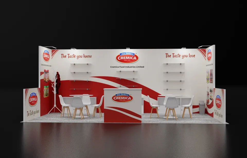 Purple Exhibits booth design concept: 3D render of a red and white 10x30 inline booth for Cremica Food Industries with swoosh graphics, wall shelves, a central branded counter, two round meeting tables with white chairs and product display stands.