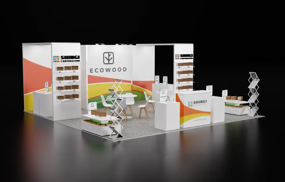 Purple Exhibits booth design concept: 3D render of a white open island booth with orange, yellow and green wave graphics, wood sample shelving, white tables and chairs and Ecowood and Shingi Corporation branding.