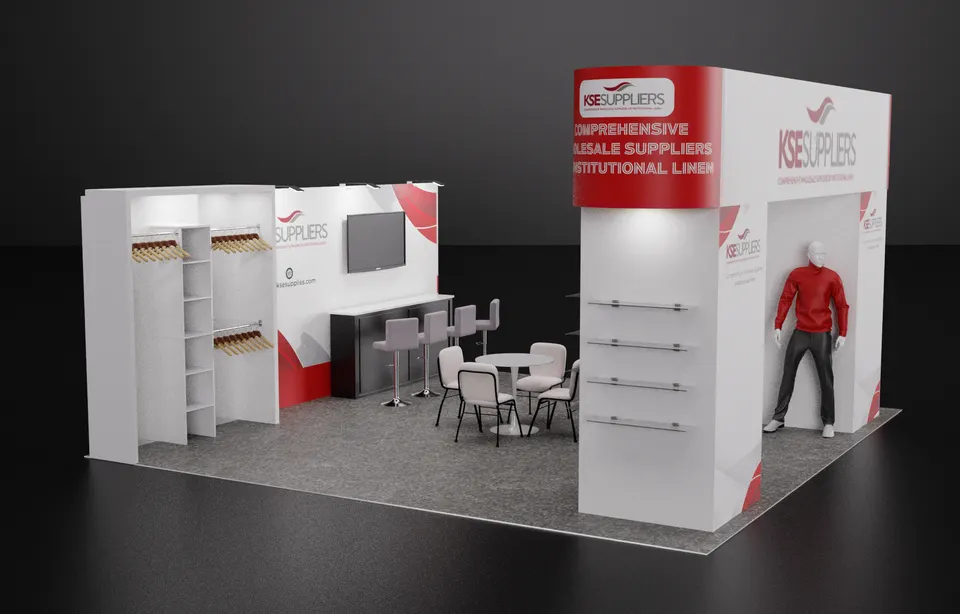 Purple Exhibits booth design concept: 3D render of a white and red island booth for KSE Suppliers institutional linen, with a tall tower, mannequin, garment rails, shelves, a TV, bar-height meeting table and grey carpet.