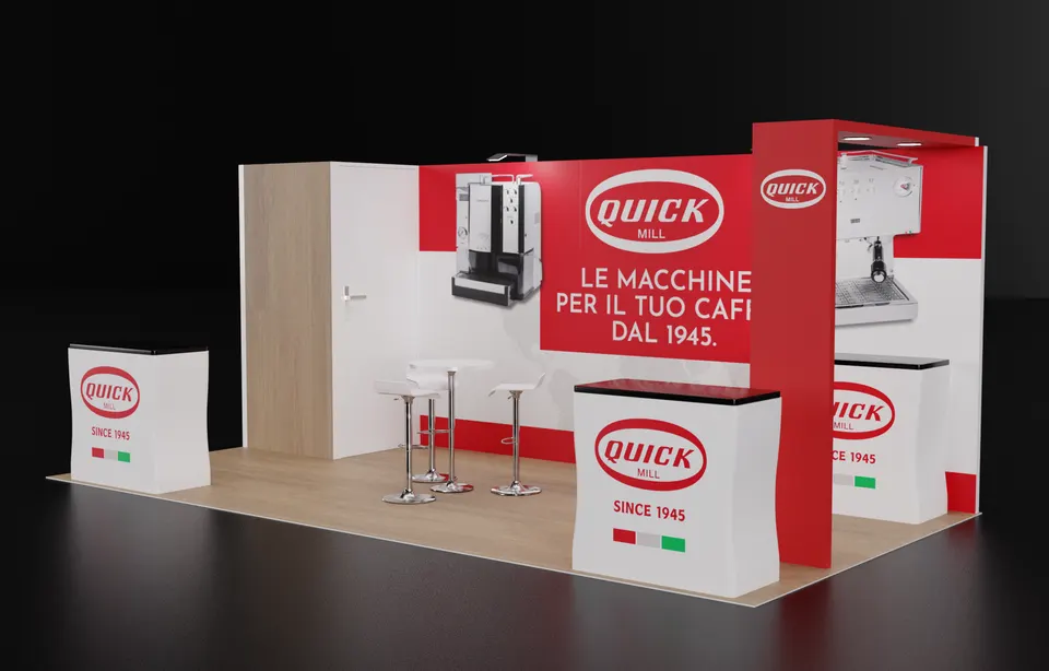 Purple Exhibits booth design concept: 3D render of a red and white Quick Mill inline booth with espresso machine graphics, wood-look flooring, two branded counters and white bar tables with stools, Italian tagline on the back wall.