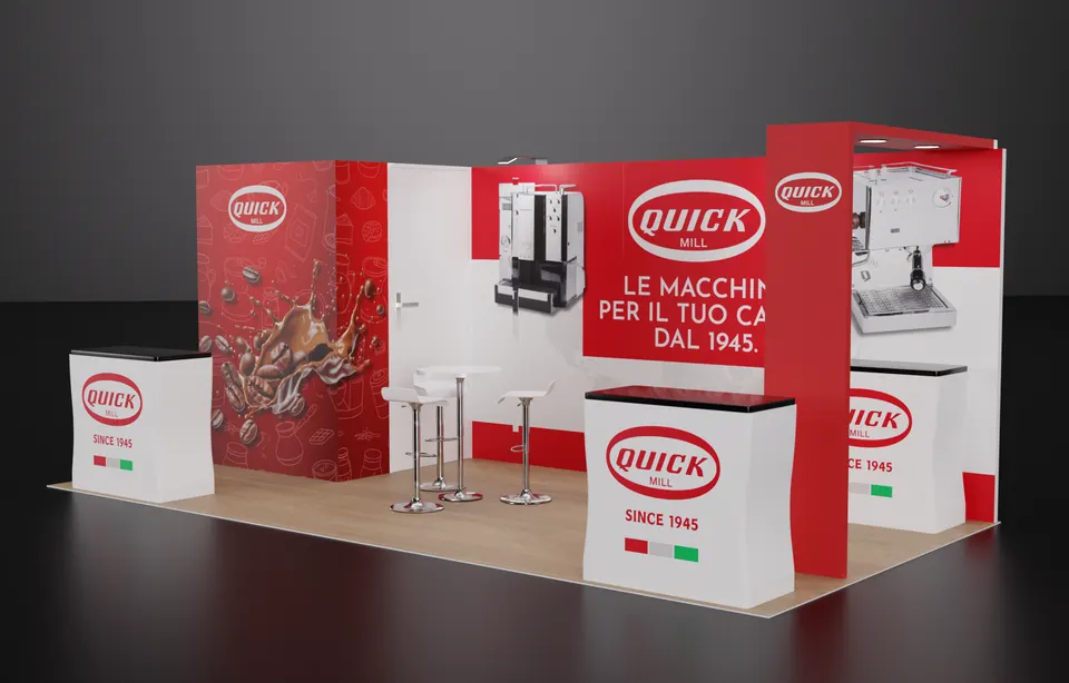 Purple Exhibits booth design concept: Angled render of the Quick Mill inline booth variant with a coffee-bean and pouring-espresso graphic on the left wall, red panels with espresso machine imagery, wood floor, bar tables and two branded counters.