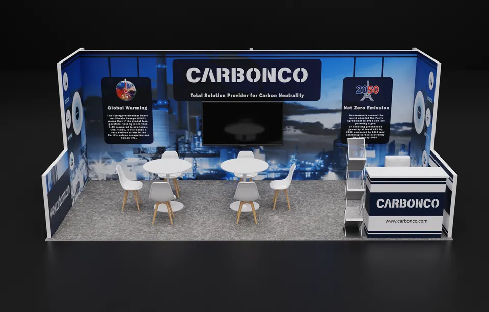 Purple Exhibits booth design concept: Render of a blue cityscape-graphic Carbonco inline booth with a wall-mounted screen, Global Warming and Net Zero Emission info panels, white cafe tables and chairs, a literature stand and a branded counter.