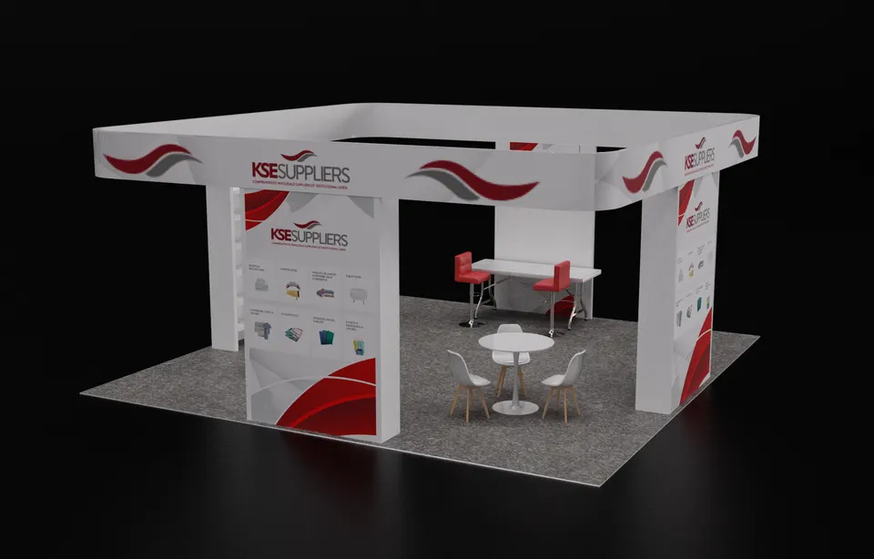Purple Exhibits booth design concept: 3D render of a white island booth with a red and grey swoosh-branded overhead frame, product panels on a tall display wall, a red meeting table area and cafe seating on grey carpet.