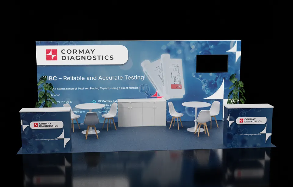 Purple Exhibits booth design concept: 3D render of a 10x20 inline booth with a blue molecular-themed back wall promoting IBC testing, two white branded counters, round tables with chairs, a TV and potted plants on blue carpet.