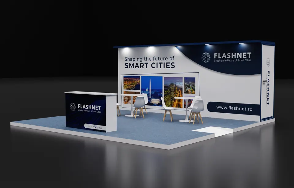 Purple Exhibits booth design concept: 3D render of a 10x20 inline booth with a navy back wall and city skyline imagery about smart cities, a white reception counter, round table with chairs and blue carpet.