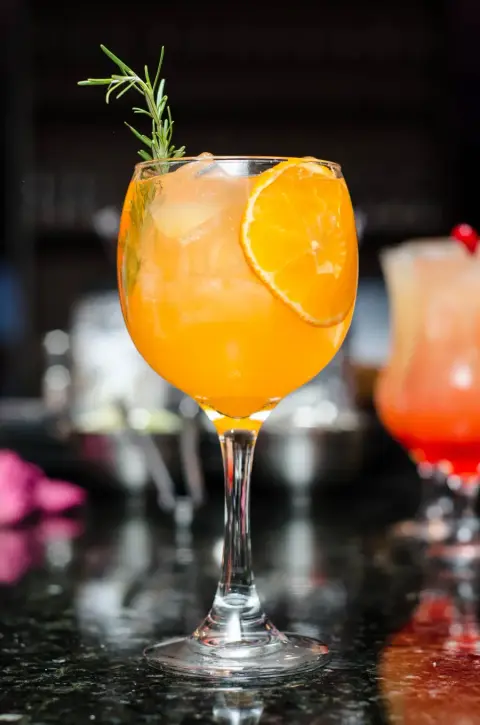 Orange cocktail with ice, rosemary and an orange slice