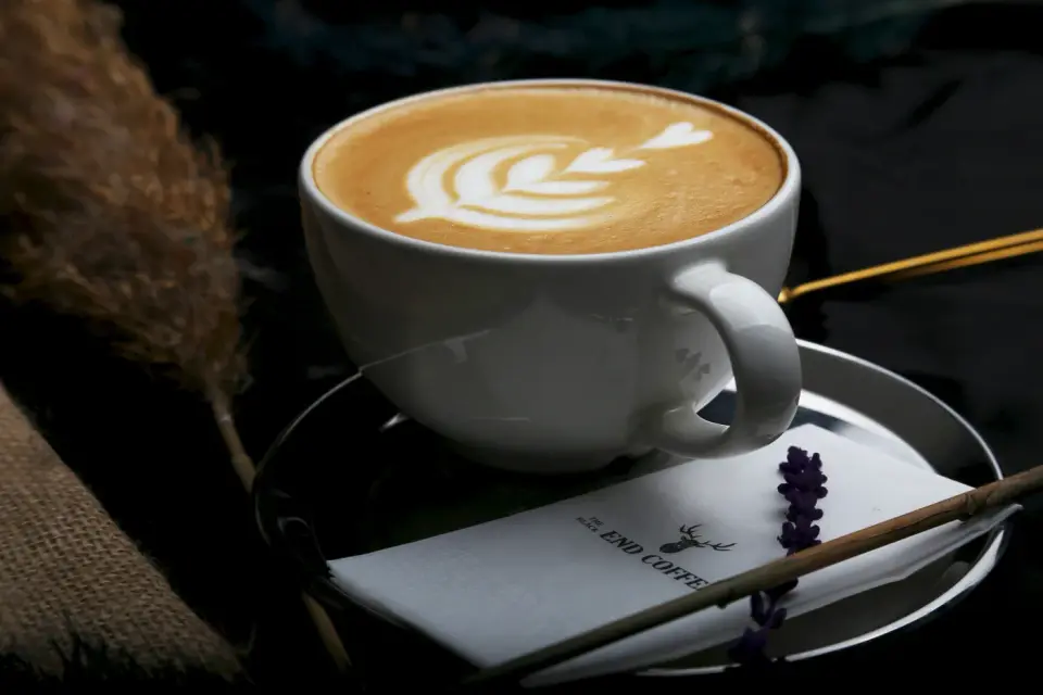 Latte art in a white coffee cup on a saucer