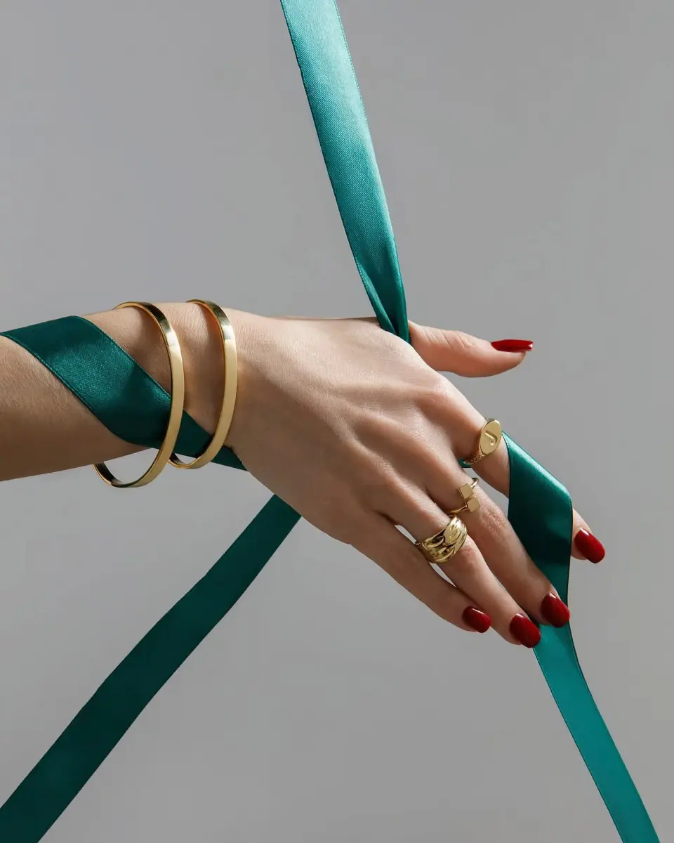 Hands with gold bangles and stacked gold rings tied with a teal satin ribbon