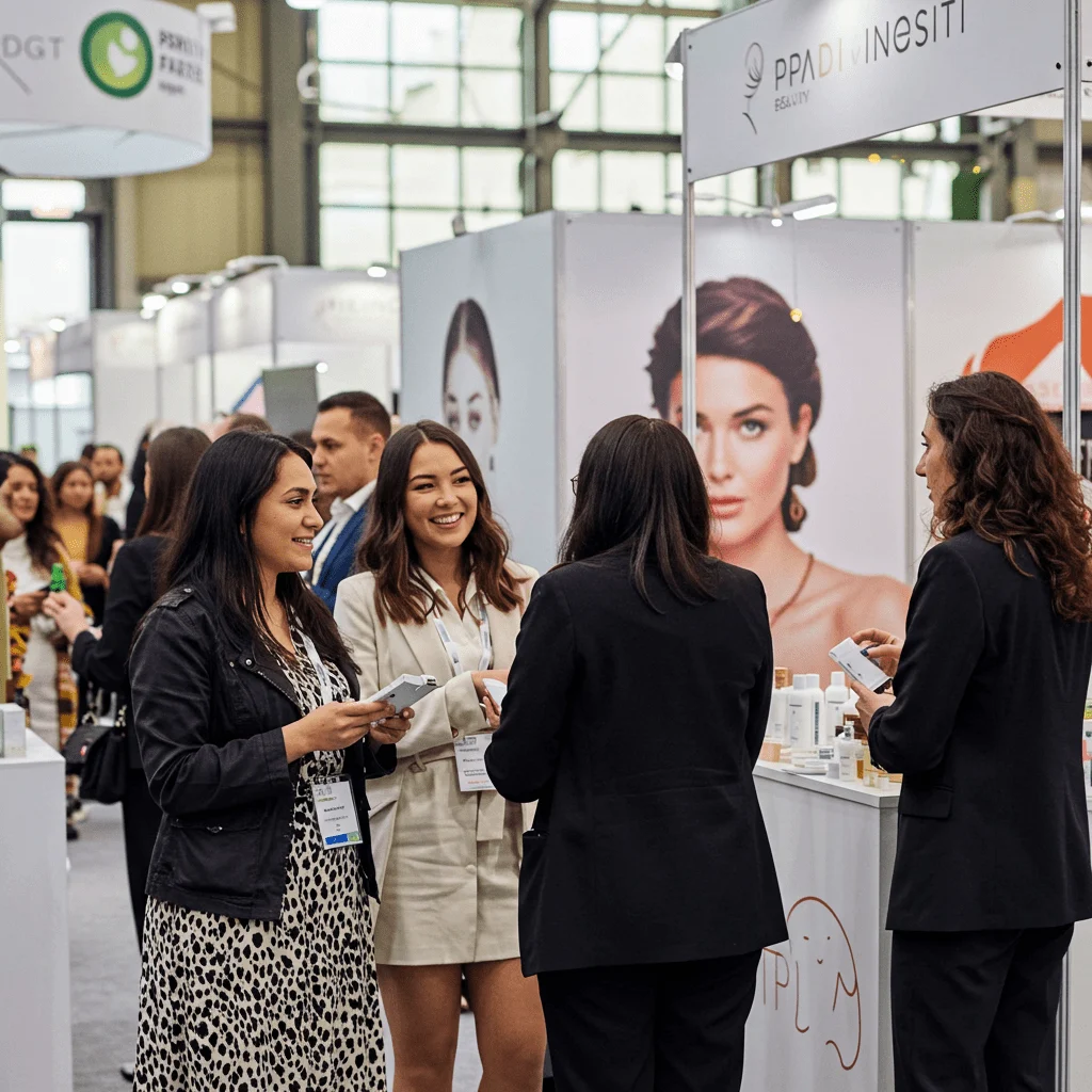 Product conversations at Tones of Beauty Women exhibitors and attendees exchange ideas around a product display at Tones of Beauty.