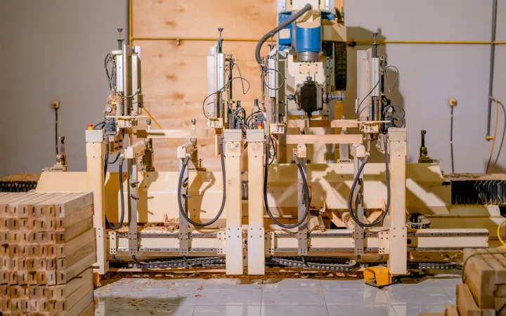 Woodworking machinery positioned over timber in a factory.