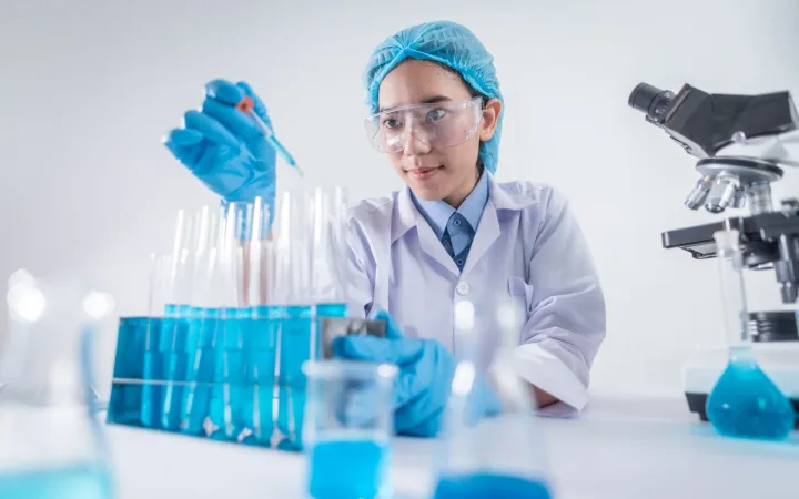 Woman scientist using laboratory equipment beside test tubes