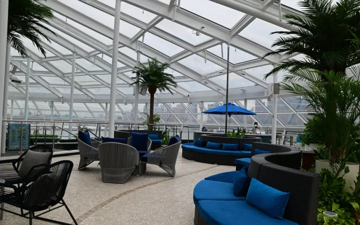 Cruise-ship lounge with grouped seating, palm trees and a glass ceiling.