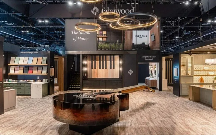 Fabuwood's KBIS exhibit with cabinetry displays, illuminated circular pendants and a guitar-shaped centerpiece.