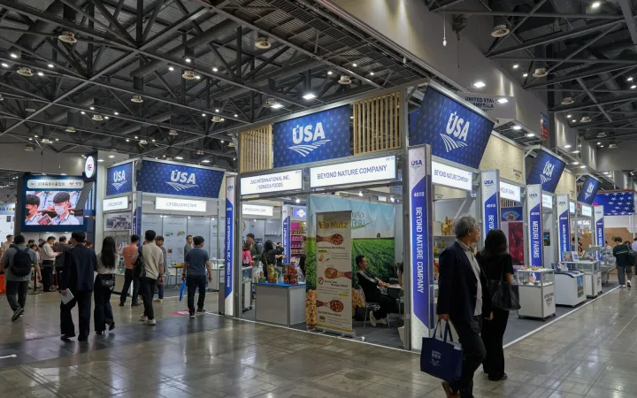 Food industry visitors explore product displays and tasting counters in the USA pavilion at Seoul Food 2025.