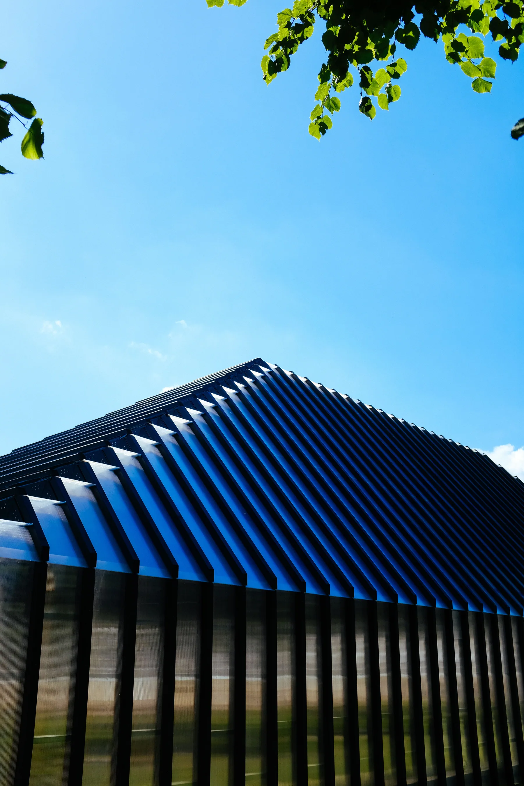A contemporary building with a blue metal roof beneath a clear sky.