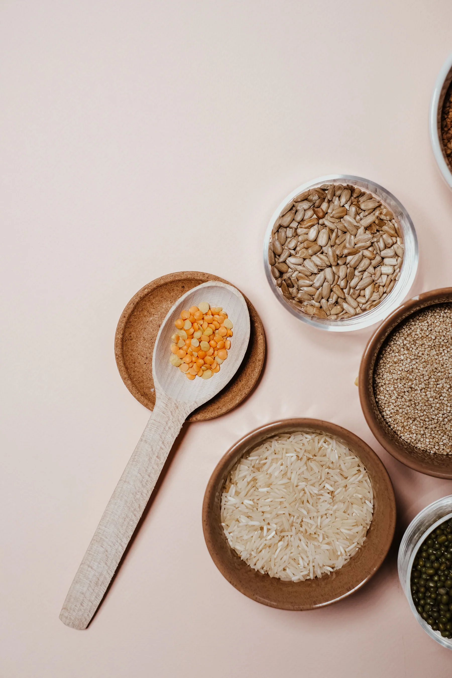 Grains and seeds arranged in small bowls and a wooden spoon on a neutral surface.