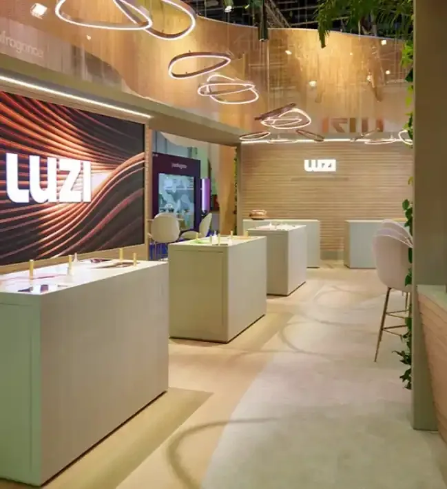 LUZI fragrance exhibit with illuminated sample counters, timber walls, large brand signage and suspended ring lights.