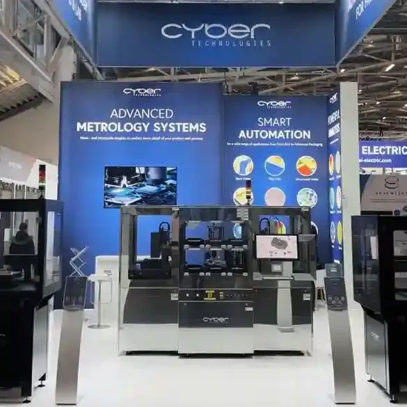 Cyber Technologies metrology equipment beneath blue advanced-metrology and smart-automation graphics.