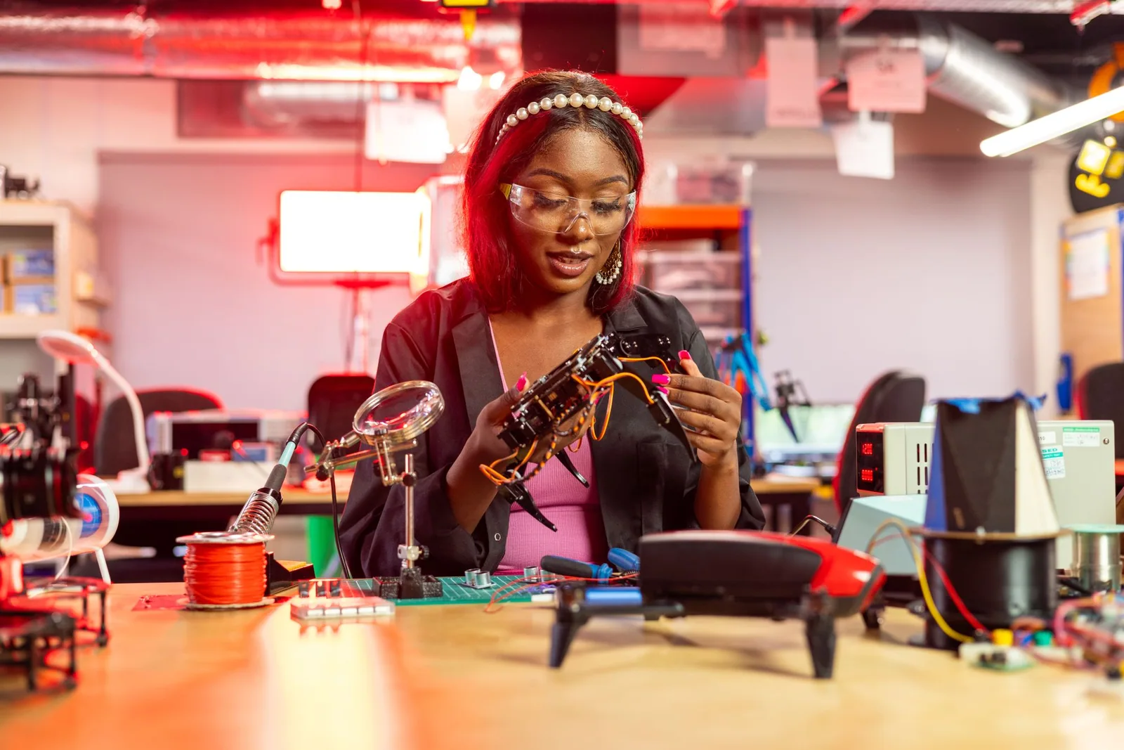 A woman works with a small drone and electronic components at a workbench.