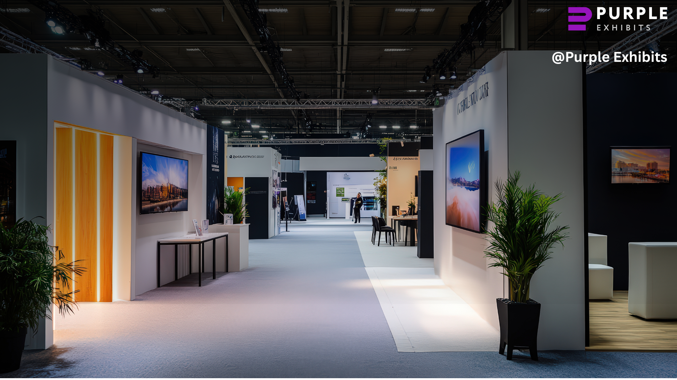 Modern exhibition booth design featuring sleek white walls and digital screens, showcasing premium custom trade show booths.