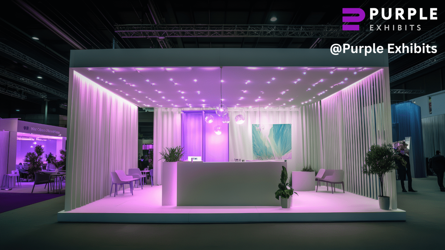 Modern Custom Trade Show Booths with elegant lighting and exhibition booth design featuring a spacious reception area and seating.
