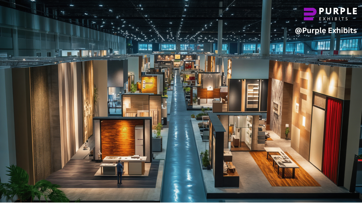 Wide view of modern Las Vegas Trade Show Booths showcasing high-end Las Vegas Exhibit Design with structured layouts and lighting.