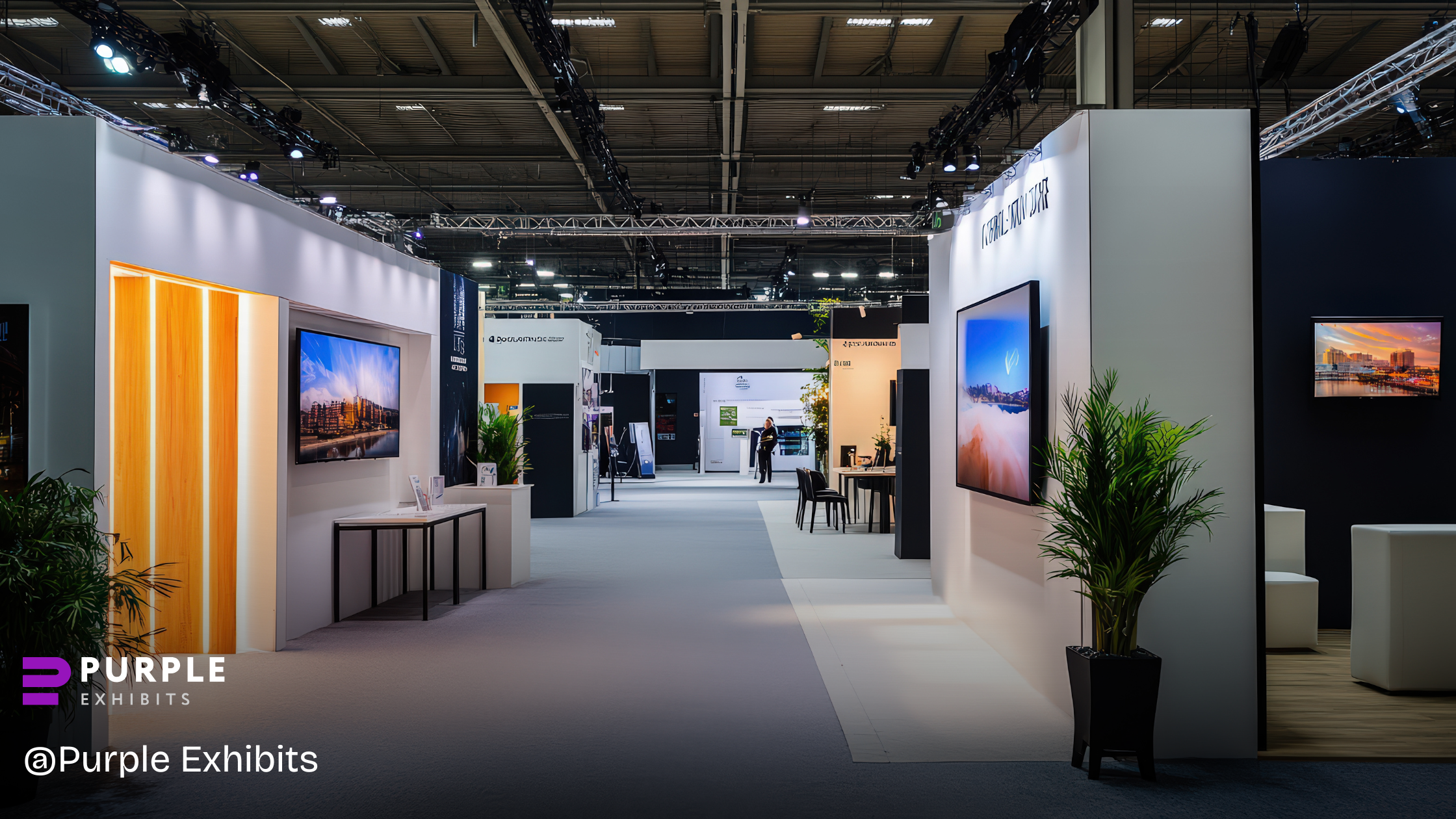 Exhibition booth design with modern lighting and digital screens displayed across spacious trade show exhibits featuring clean, professional layouts.