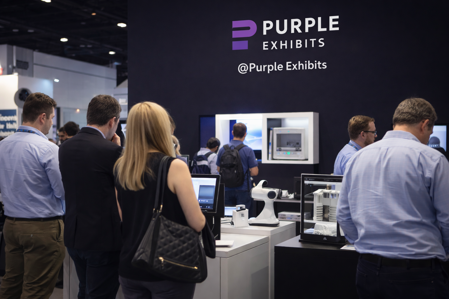 Crowded Purple Exhibits trade show booth with modern displays, showcasing Exhibit Design Atlanta expertise by Atlanta Trade Show Experts for immersive and professional brand experiences.