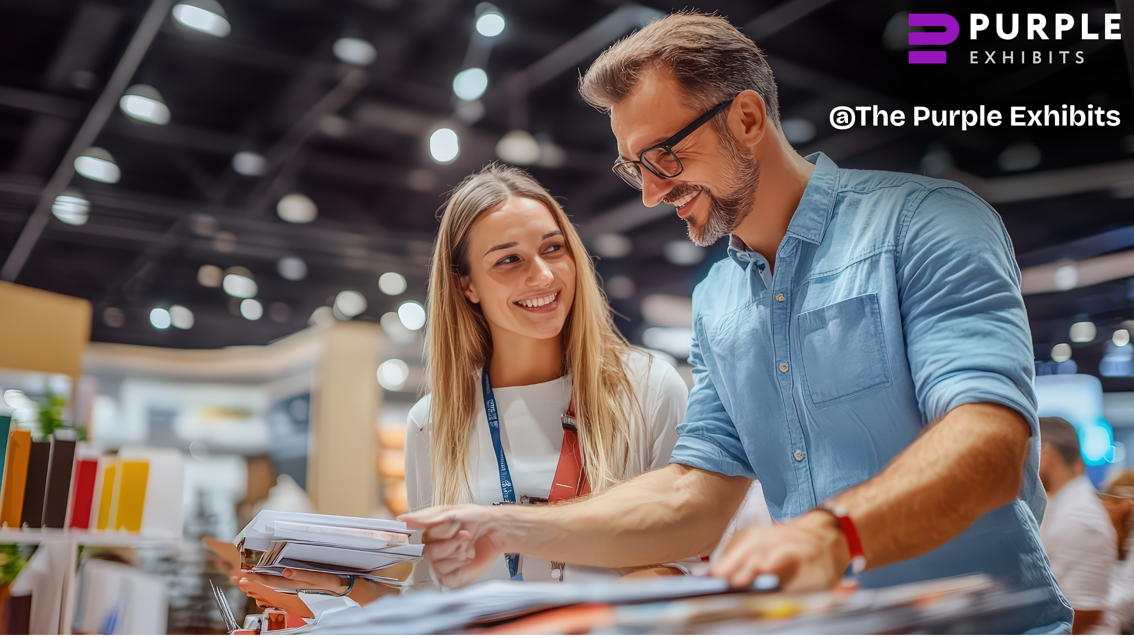 A smiling booth representative guiding an interested visitor through product samples, highlighting how Las Vegas Trade Show Booths stand out with Las Vegas Trade Show Experts.
