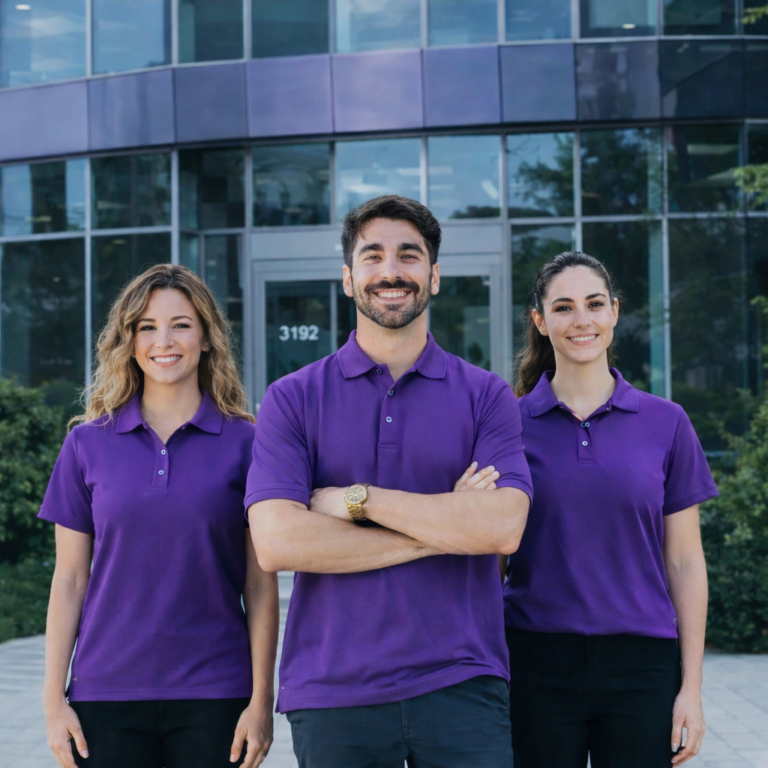 Purple Exhibits team in purple shirts outside the office
