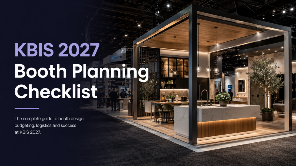 KBIS 2027 booth planning checklist with a modern kitchen and bath exhibit concept