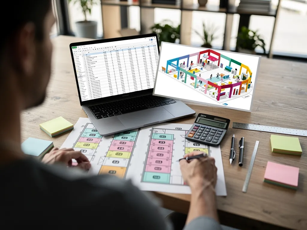 KBIS 2027 booth budget planning with exhibit layout, calculator and cost spreadsheet