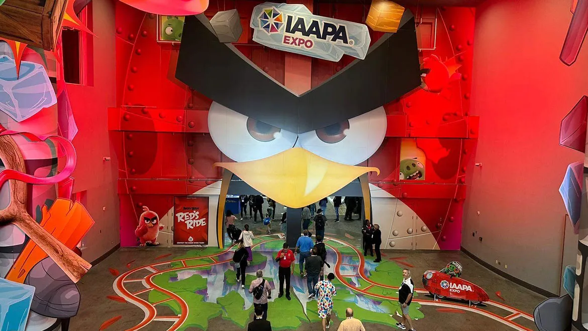 Massive Angry Birds immersive exhibit with an oversized sculpted entrance at IAAPA Expo Orlando