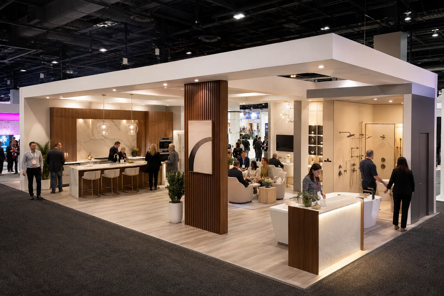 Live 20x40 KBIS booth rental with open aisle access, product zones, and demo counters