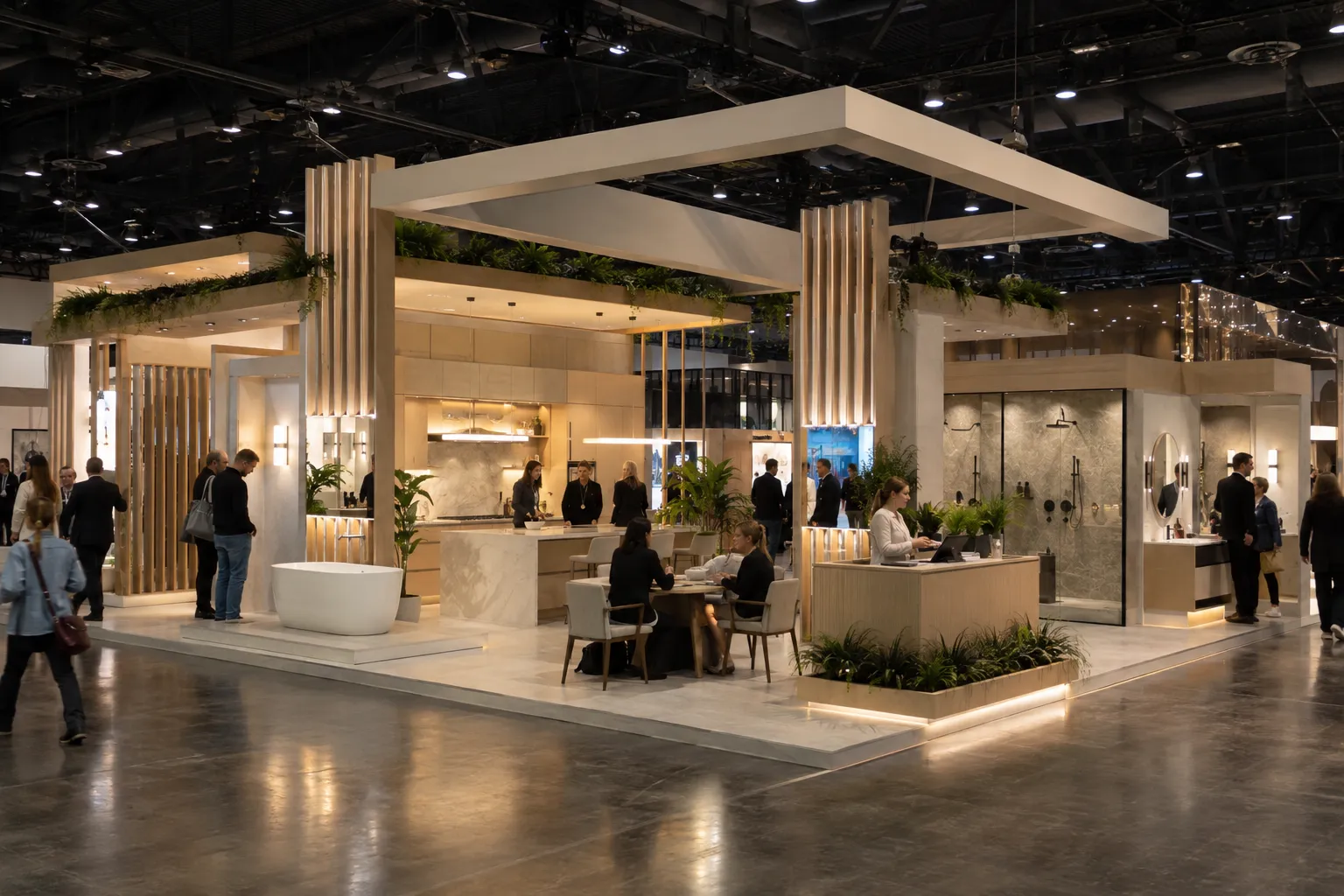 Modern KBIS booth with kitchen and bathroom displays, wood finishes, and meeting areas