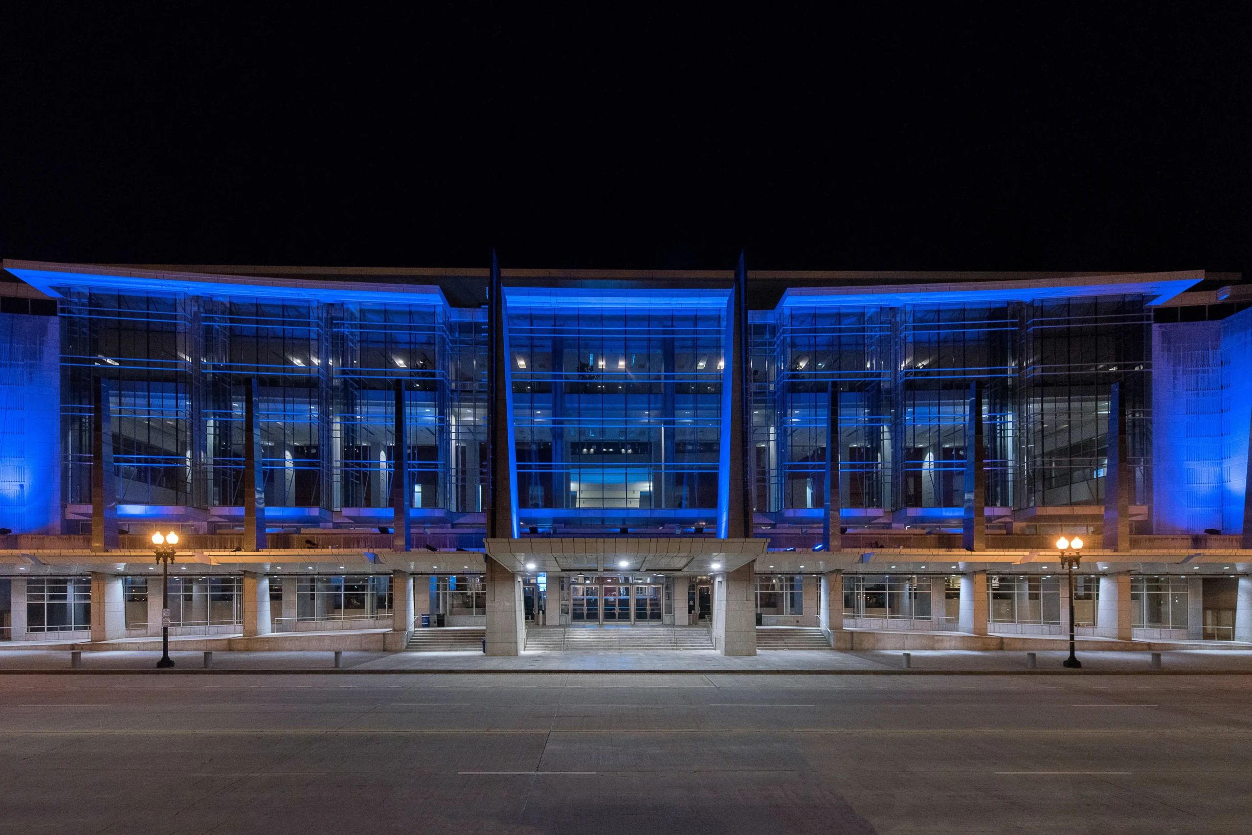 Walter E. Washington Convention Center illuminated at night in Washington DC