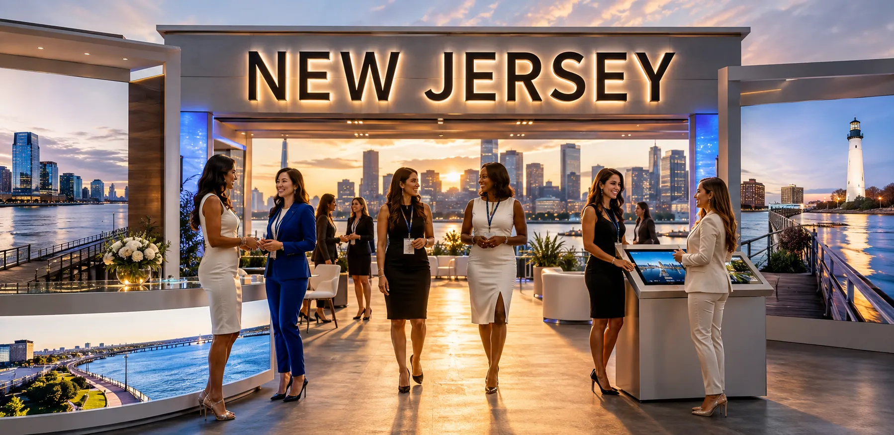 Stylish professional women networking inside a luxury New Jersey exhibit booth with the New Jersey skyline.