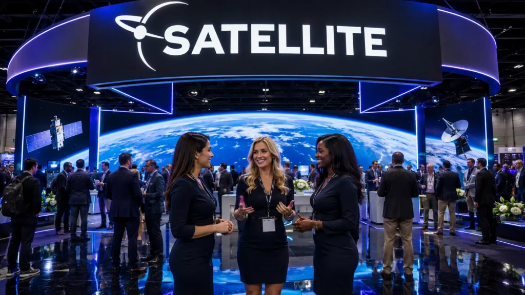 Business professionals networking inside a large satellite industry exhibit booth in Washington DC