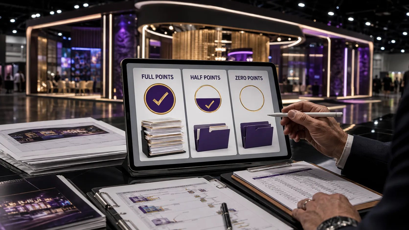 Full, half and zero-point evidence scoring system for evaluating a Las Vegas exhibit builder